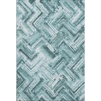 8' X 10' Teal And Ivory Chevron Washable Area Rug With UV Protection