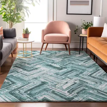 9' X 12' Teal And Ivory Chevron Washable Area Rug With UV Protection