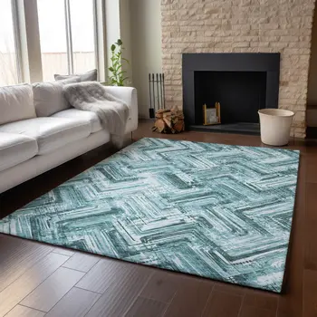 10' X 14' Teal And Ivory Chevron Washable Area Rug With UV Protection