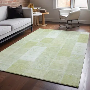 5' X 8' Artichoke Green And Ivory Patchwork Washable Area Rug With UV Protection