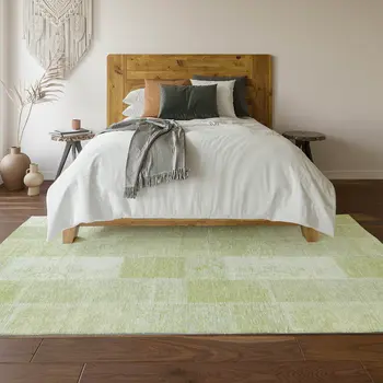 5' X 8' Artichoke Green And Ivory Patchwork Washable Area Rug With UV Protection