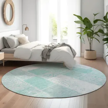 8' Aqua And Ivory Patchwork Washable Round Rug With UV Protection