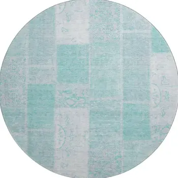 8' Aqua And Ivory Patchwork Washable Round Rug With UV Protection