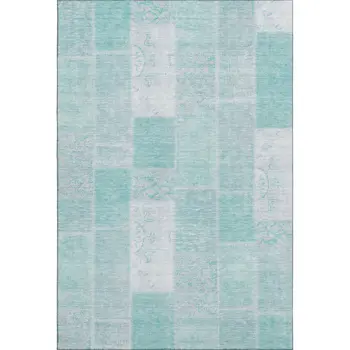 8' X 10' Aqua And Ivory Patchwork Washable Area Rug With UV Protection