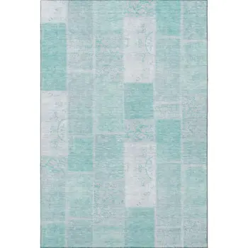 9' X 12' Aqua And Ivory Patchwork Washable Area Rug With UV Protection