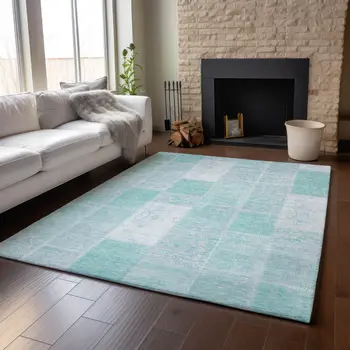 10' X 14' Aqua And Ivory Patchwork Washable Area Rug With UV Protection