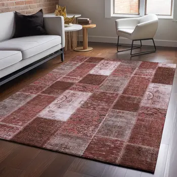 3' X 5' Burgundy And Ivory Patchwork Washable Area Rug With UV Protection