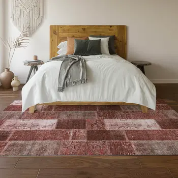 3' X 5' Burgundy And Ivory Patchwork Washable Area Rug With UV Protection