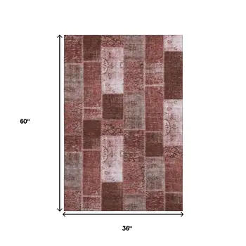 3' X 5' Burgundy And Ivory Patchwork Washable Area Rug With UV Protection
