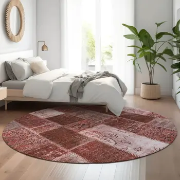 8' Burgundy And Ivory Patchwork Washable Round Rug With UV Protection