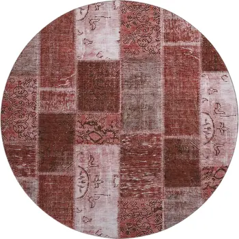 8' Burgundy And Ivory Patchwork Washable Round Rug With UV Protection