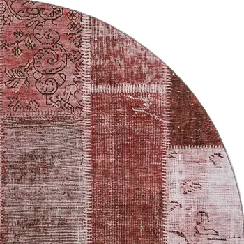 8' Burgundy And Ivory Patchwork Washable Round Rug With UV Protection