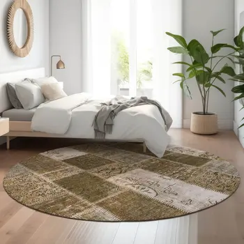 8' Brown And Ivory Patchwork Washable Round Rug With UV Protection