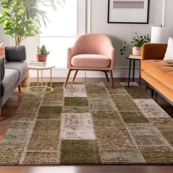 8' X 10' Brown And Ivory Patchwork Washable Area Rug With UV Protection