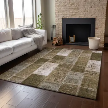 8' X 10' Brown And Ivory Patchwork Washable Area Rug With UV Protection
