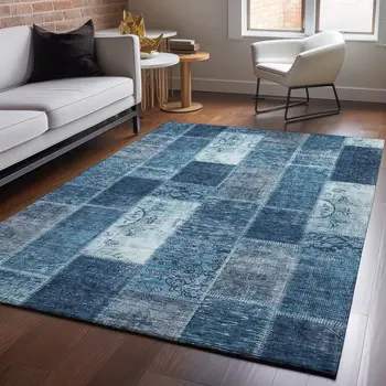 5' X 8' Blue And Ivory Patchwork Washable Area Rug With UV Protection