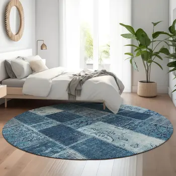 8' Blue And Ivory Patchwork Washable Round Rug With UV Protection