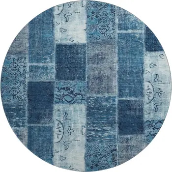 8' Blue And Ivory Patchwork Washable Round Rug With UV Protection