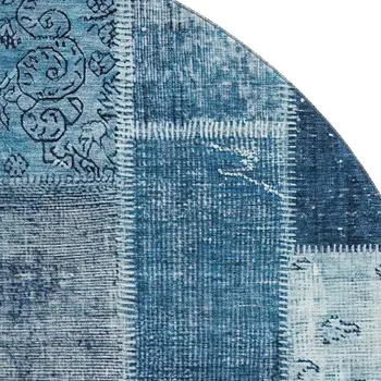 8' Blue And Ivory Patchwork Washable Round Rug With UV Protection