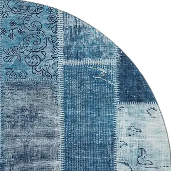 8' Blue And Ivory Patchwork Washable Round Rug With UV Protection