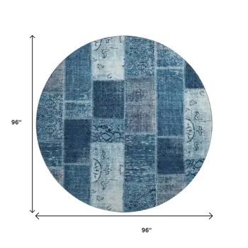 8' Blue And Ivory Patchwork Washable Round Rug With UV Protection