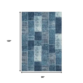 8' X 10' Blue And Ivory Patchwork Washable Area Rug With UV Protection