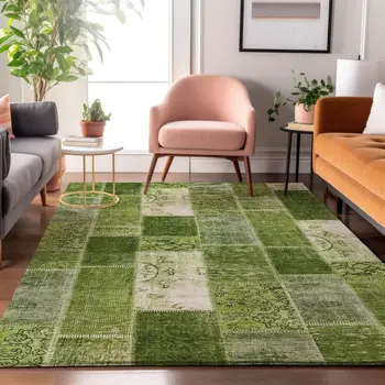 5' X 8' Olive Green And Ivory Patchwork Washable Area Rug With UV Protection