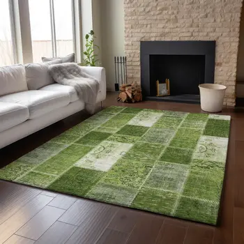 5' X 8' Olive Green And Ivory Patchwork Washable Area Rug With UV Protection