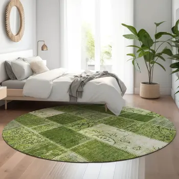 8' Olive Green And Ivory Patchwork Washable Round Rug With UV Protection