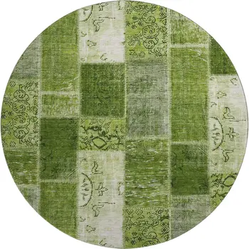 8' Olive Green And Ivory Patchwork Washable Round Rug With UV Protection