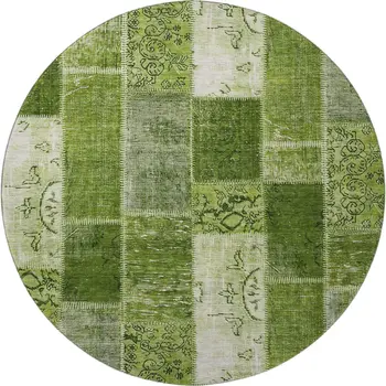 8' Olive Green And Ivory Patchwork Washable Round Rug With UV Protection
