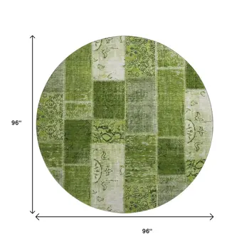 8' Olive Green And Ivory Patchwork Washable Round Rug With UV Protection