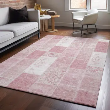 5' X 8' Pink And Ivory Patchwork Washable Area Rug With UV Protection