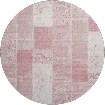 8' Pink And Ivory Patchwork Washable Round Rug With UV Protection