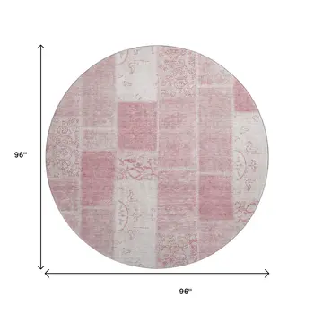 8' Pink And Ivory Patchwork Washable Round Rug With UV Protection