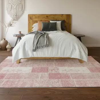 8' X 10' Pink And Ivory Patchwork Washable Area Rug With UV Protection