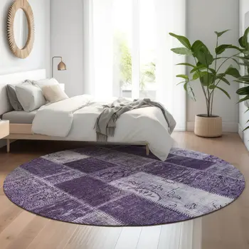8' Purple And Ivory Patchwork Washable Round Rug With UV Protection