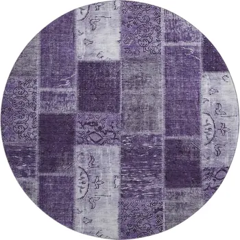 8' Purple And Ivory Patchwork Washable Round Rug With UV Protection