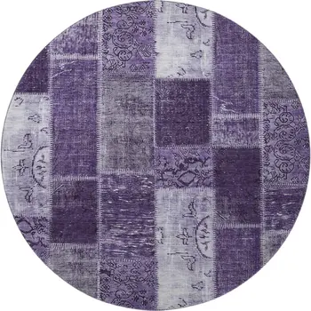 8' Purple And Ivory Patchwork Washable Round Rug With UV Protection