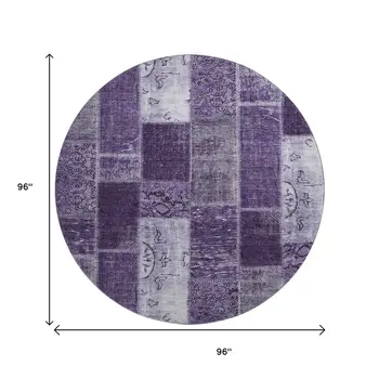 8' Purple And Ivory Patchwork Washable Round Rug With UV Protection