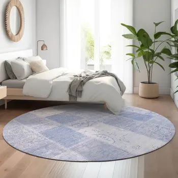 8' Sky Blue And Ivory Patchwork Washable Round Rug With UV Protection