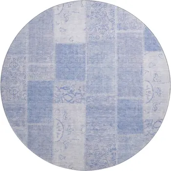 8' Sky Blue And Ivory Patchwork Washable Round Rug With UV Protection