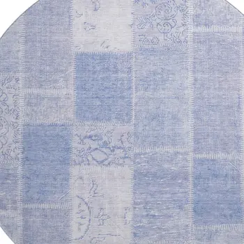 8' Sky Blue And Ivory Patchwork Washable Round Rug With UV Protection