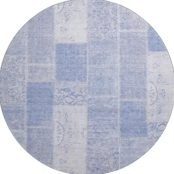 8' Sky Blue And Ivory Patchwork Washable Round Rug With UV Protection