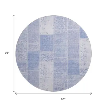 8' Sky Blue And Ivory Patchwork Washable Round Rug With UV Protection
