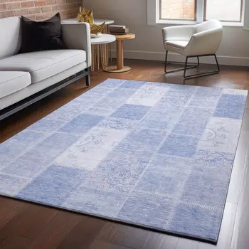 8' X 10' Sky Blue And Ivory Patchwork Washable Area Rug With UV Protection