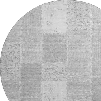 8' Silver And Ivory Patchwork Washable Round Rug With UV Protection