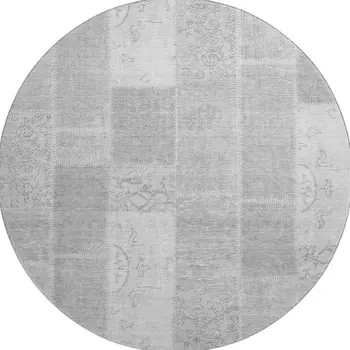 8' Silver And Ivory Patchwork Washable Round Rug With UV Protection