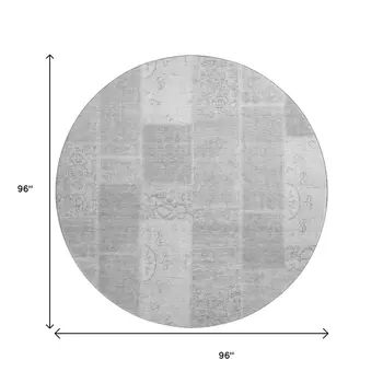 8' Silver And Ivory Patchwork Washable Round Rug With UV Protection