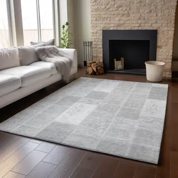 9' X 12' Silver And Ivory Patchwork Washable Area Rug With UV Protection